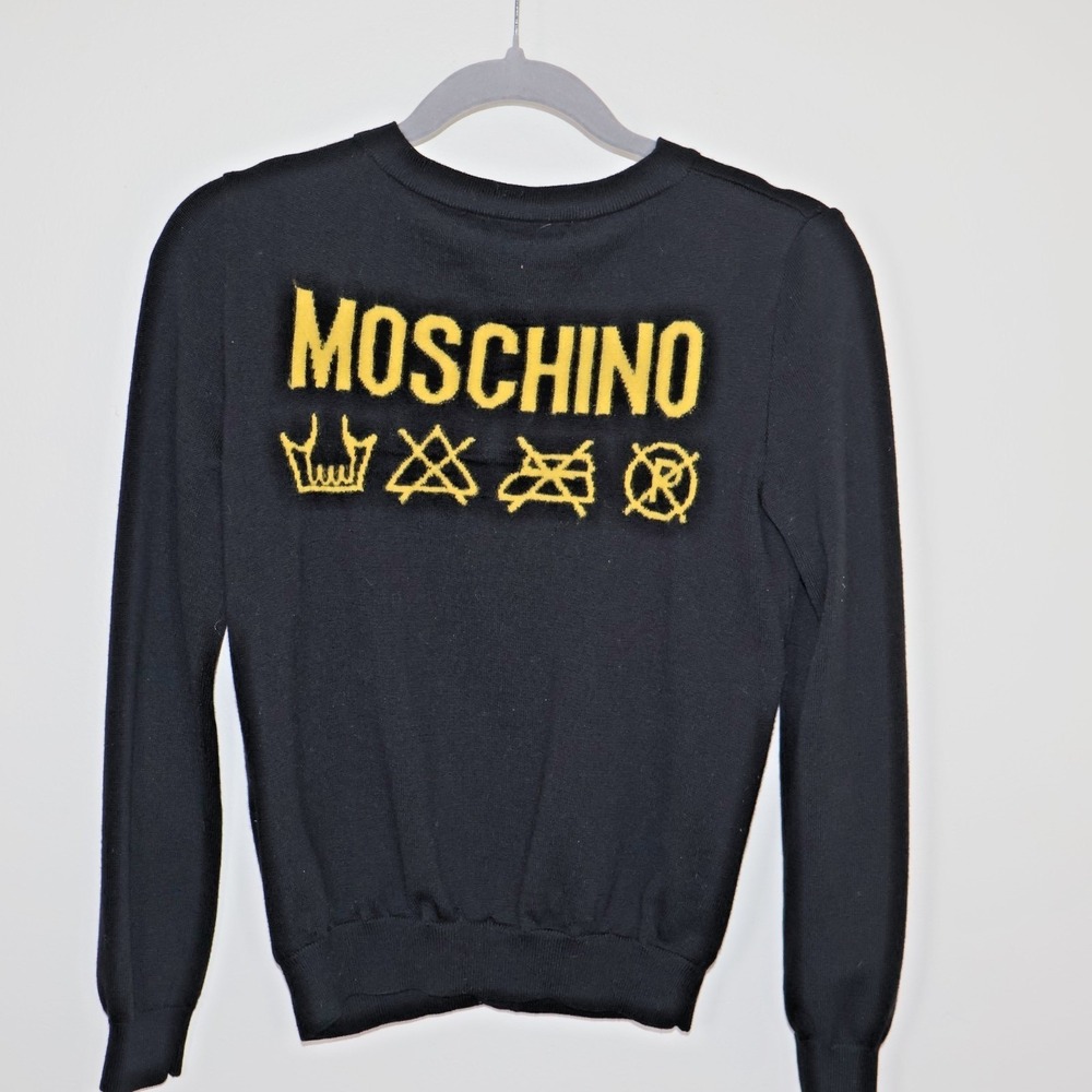 MOSCHINO Couture  Sweater Cardigan Size‎ Medium Black Yellow  Danger Wool Italy